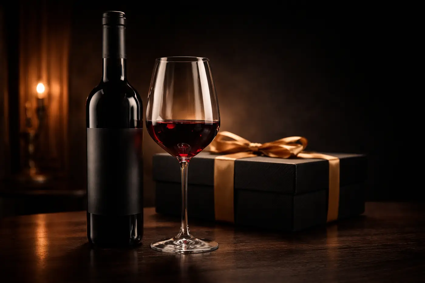 Scenă ultra-premium: sticlă de vin fără etichetă, pahar de cristal și cutie cadou elegantă